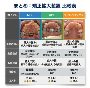 和光市　歯医者　矯正歯科　矯正拡大装置の比較表